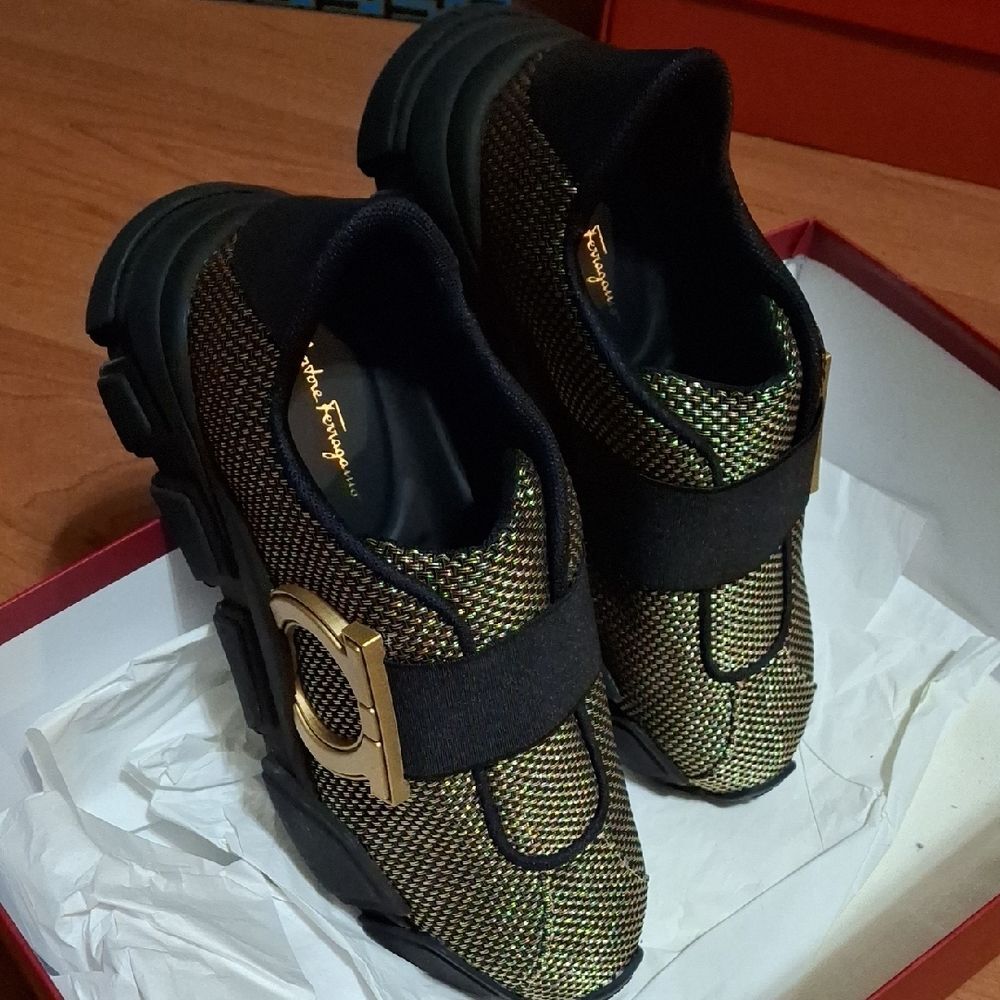 Salvatore Ferragamo Black and Gold Kids Sneakers